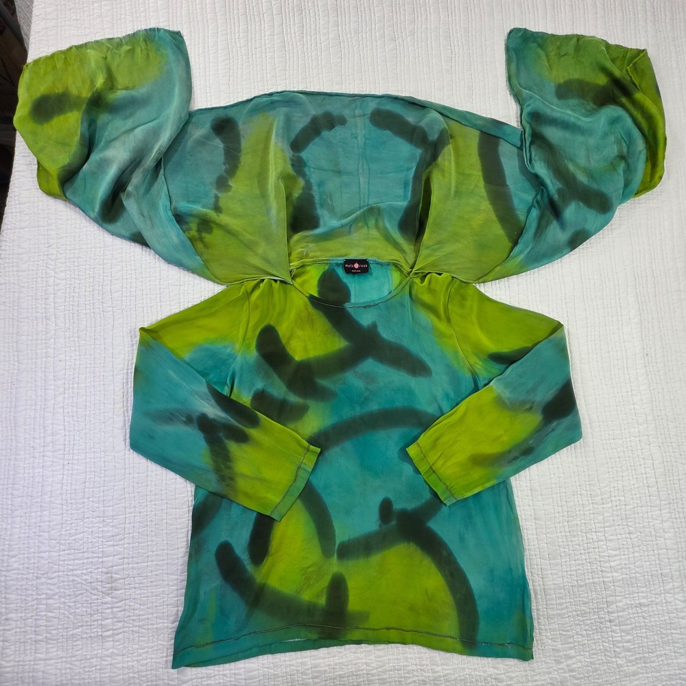 Mela Rosa Italy Silk Tie Dye Sheer Overlay Art To Wear Blouse Top Green Teal EUC